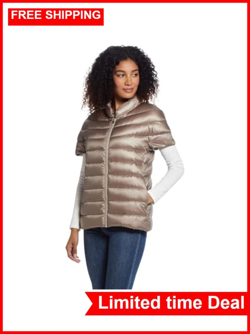 Quilted Down Puffer Vest Lightweight Short Sleeve Zip Pockets